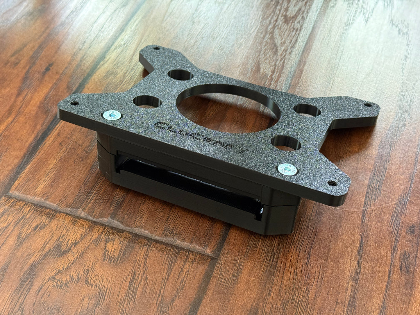 Alternate angle of CluCraft no-drill license plate bracket mounted on MK8.5 Golf GTI front end